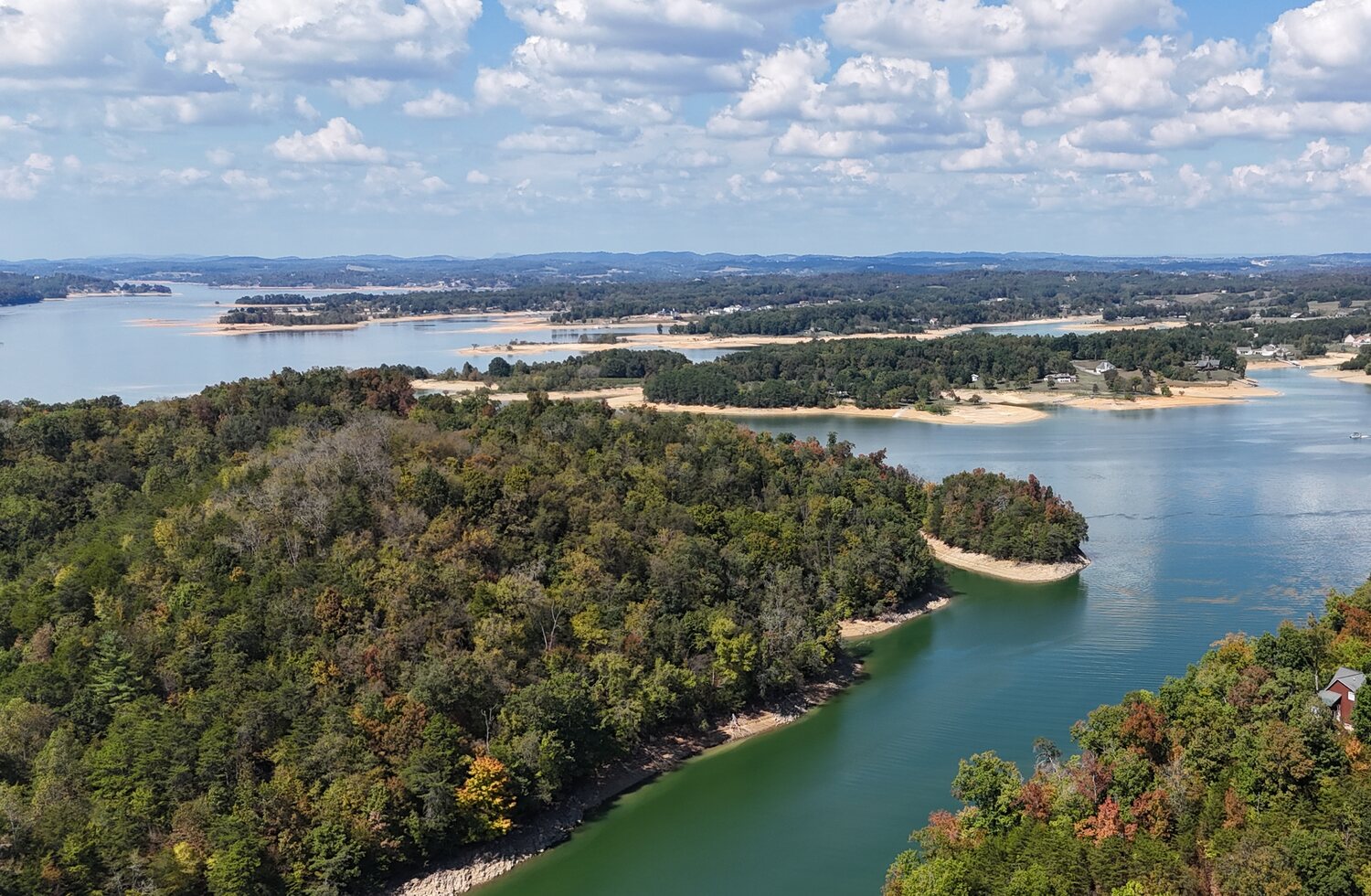 Aerial view of wooded lake coves and open water
